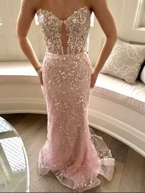 Sherri Hill Blush Pink Strapless Beaded Evening Gown